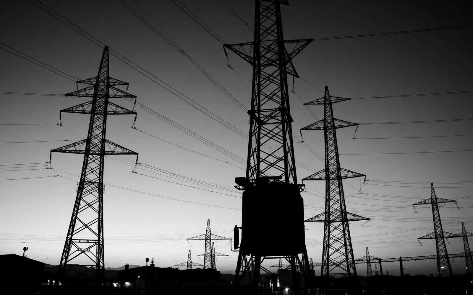 High-voltage transmission towers and substation at dusk